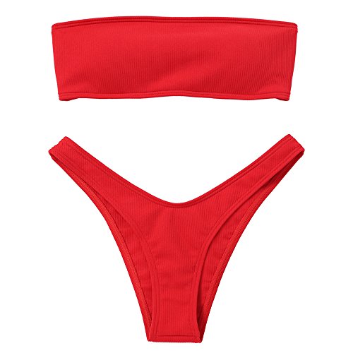 ZAFUL Trajes de Baño Mujer Bikini Bandeau con Relleno Lazada en la Espalda Color Liso Talle Alto
