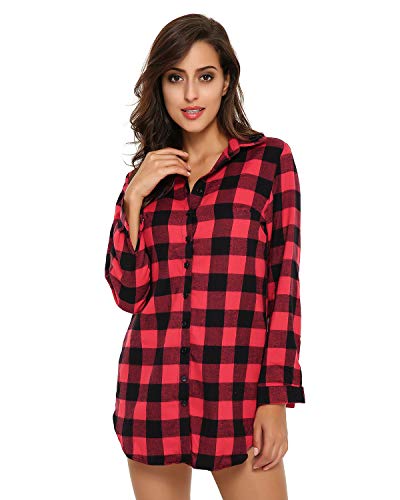 ZANZEA Camisa Mujer Blusa Camisa Cuadros Larga Camiseta Mujeres Top V Camisa Elegante Túnica Oficina Algodón Botones Mangas Largas para Mujer Rojo Negro-01 44