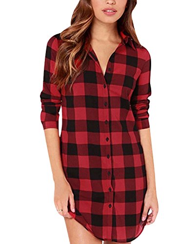 ZANZEA Camisa Mujer Blusa Camisa Cuadros Larga Camiseta Mujeres Top V Camisa Elegante Túnica Oficina Algodón Botones Mangas Largas para Mujer Rojo Negro-01 36