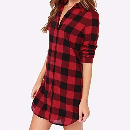 ZANZEA Camisa Mujer Blusa Camisa Cuadros Larga Camiseta Mujeres Top V Camisa Elegante Túnica Oficina Algodón Botones Mangas Largas para Mujer Rojo Negro-01 40