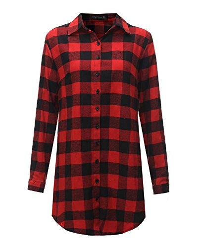 ZANZEA Camisa Mujer Blusa Camisa Cuadros Larga Camiseta Mujeres Top V Camisa Elegante Túnica Oficina Algodón Botones Mangas Largas para Mujer Rojo Negro-01 44