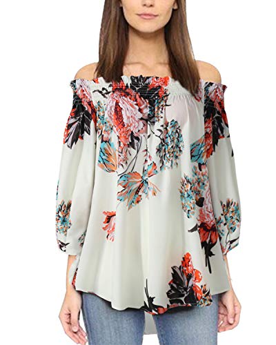 ZANZEA Camisa Mujer Manga 3/4 Sin Hombros Estampado Floral Sexy Camisetas Mujer Baratas Blusas Irregular 03-Blanco XXL