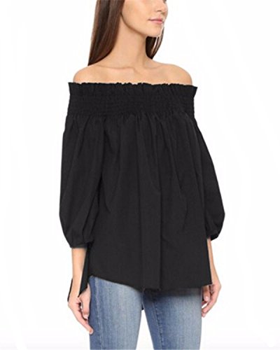 ZANZEA Camisa Mujer Manga 3/4 Sin Hombros Sexy Camisetas Mujer Baratas Blusas Irregular 01-Negro M