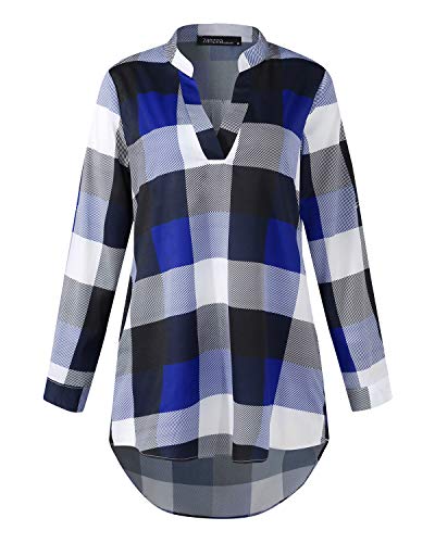 ZANZEA Camisas Mujer Casual Camisa Suelta Cuello V Camisa Manga Corta Blusa Tops Tallas Grandes Elegante Verano Camiseta a Cuadros 05-a Cuadros Azul 48