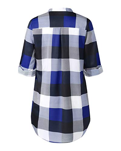 ZANZEA Camisas Mujer Casual Camisa Suelta Cuello V Camisa Manga Corta Blusa Tops Tallas Grandes Elegante Verano Camiseta a Cuadros 05-a Cuadros Azul 48