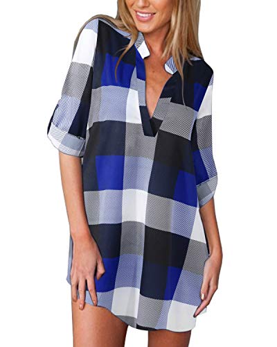 ZANZEA Camisas Mujer Casual Camisa Suelta Cuello V Camisa Manga Corta Blusa Tops Tallas Grandes Elegante Verano Camiseta a Cuadros 05-a Cuadros Azul 48
