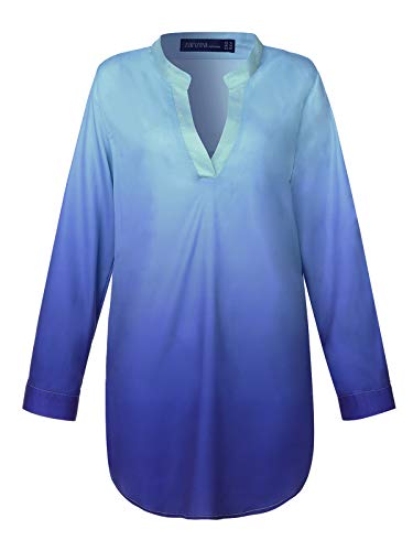 ZANZEA Camisas Mujer Sexy Casual Gasa Camisa Suelta Cuello V Manga Larga Blusa Tops Tallas Grandes Elegante Invierno Camiseta 03-Degradado Azul 40