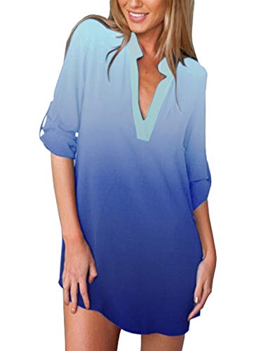 ZANZEA Camisas Mujer Sexy Casual Gasa Camisa Suelta Cuello V Manga Larga Blusa Tops Tallas Grandes Elegante Invierno Camiseta 03-Degradado Azul 40