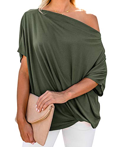 ZANZEA Camiseta Mujer Manga Corta Suelta Tops Color Sólido T-Shirt Hombros Descubiertos Sexy Túnica Blusa Pollover 08-Verde Militar XL