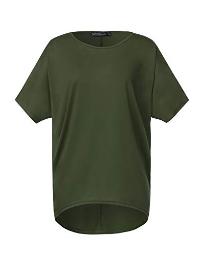 ZANZEA Camiseta Mujer Manga Corta Suelta Tops Irregular Color Sólido T-Shirt Cuello Redondo Casual Túnica Blusa Pollover 02-Ejercito Verde XXL