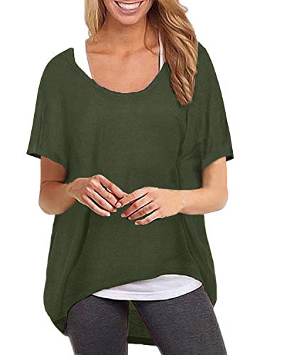 ZANZEA Camiseta Mujer Manga Corta Suelta Tops Irregular Color Sólido T-Shirt Cuello Redondo Casual Túnica Blusa Pollover 02-Ejercito Verde XXL
