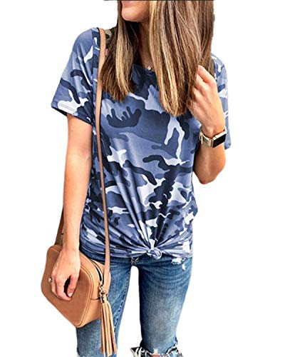 ZANZEA Camisetas Mujer Manga Corta Holgada Camuflaje Top Tallas Grandes Baratas Cuello V Casual Blusa Suelta T Shirt Z-Azul M