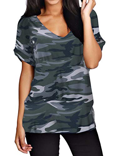 ZANZEA Camisetas Mujer Manga Corta Holgada Top Tallas Grandes Baratas Cuello V Casual Blusa Suelta T Shirt 01-Camuflaje S