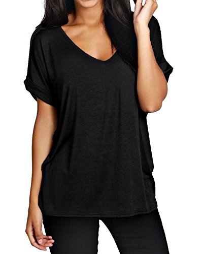 ZANZEA Camisetas Mujer Manga Corta Holgada Top Tallas Grandes Baratas Cuello V Casual Blusa Suelta T Shirt 01-Negro 3XL