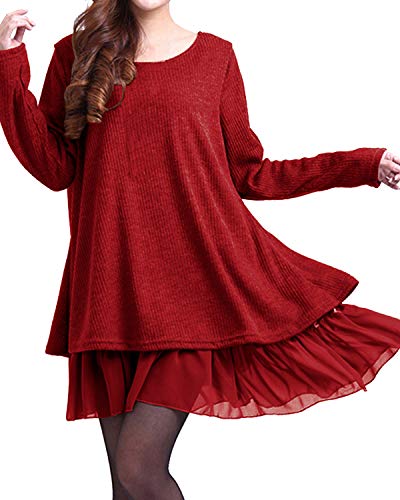 ZANZEA Jersey Mujer Jumper Suéter Larga Tops Vestidos de Encaje para Vestido Lazo Elegant Fiesta de Noche Suéter de Punto para Mujeres Otoño Invierno Tallas Grandes Rojo-399848 S