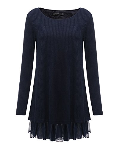 ZANZEA Jersey Mujer Jumper Suéter Larga Tops Vestidos de Encaje para Vestido Lazo Elegant Fiesta de Noche Suéter de Punto para Mujeres Otoño Invierno Tallas Grandes Azul-399848 XL