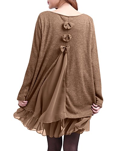 ZANZEA Jersey Mujer Jumper Suéter Larga Tops Vestidos de Encaje para Vestido Lazo Elegant Fiesta de Noche Suéter de Punto para Mujeres Otoño Invierno Tallas Grandes Caqui-399848 5XL