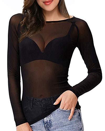 ZANZEA Mujer Camiseta Blusa Transparente Mangas Largas Elegante Moda Oficina Casual negro-280882 EU 46