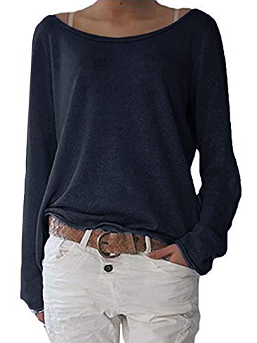 ZANZEA Mujer Camisetas Holgada Cardigan Manga Larga Suelta Blusa Jersey Pullover Casual Tops Azul Oscuro L