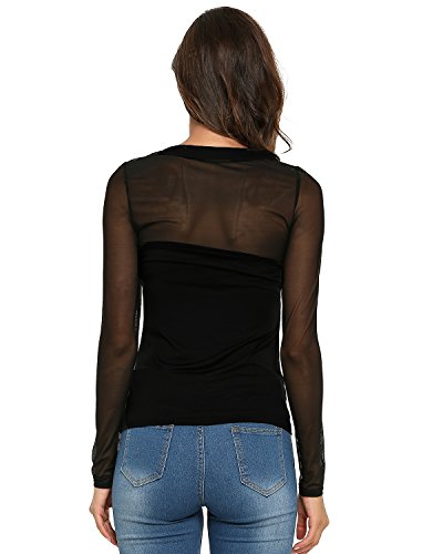 ZANZEA Mujer Camisetas Transparentes Blusa Sexy Mangas Largas Elegante Moda Oficina Casual Blusas y Camisas de Mujer 001-Negro 42