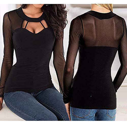ZANZEA Mujer Camisetas Transparentes Blusa Sexy Mangas Largas Elegante Moda Oficina Casual Blusas y Camisas de Mujer 001-Negro 42