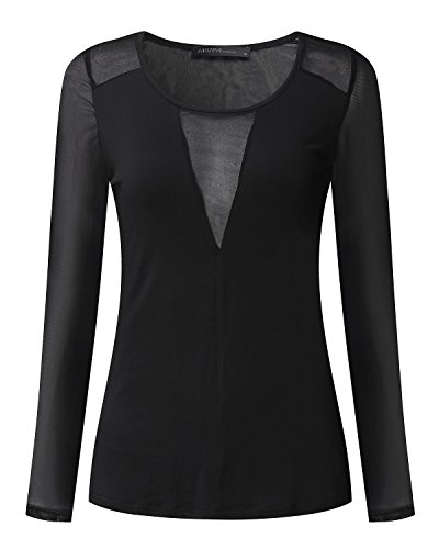 ZANZEA Mujer Camisetas Transparentes Sexy Deep V Low Cut Camisas Manga Larga Casual Tops Blusas y Camisas Fiesta Camisetas 003-Negro FR 2503 50