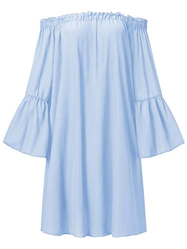 ZANZEA Mujer Vestido Corto Manga Larga Sin Hombros Camisa Casual Camiseta Fiesta Túnica Blusa Primavera Verano 006-Azul Claro sin Forro S