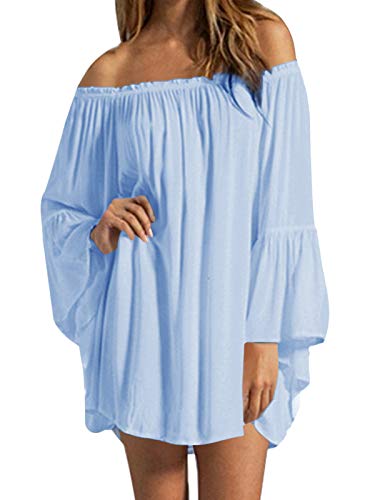 ZANZEA Mujer Vestido Corto Manga Larga Sin Hombros Camisa Casual Camiseta Fiesta Túnica Blusa Primavera Verano 006-Azul Claro sin Forro S