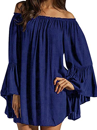 ZANZEA Mujer Vestido Corto Manga Larga Sin Hombros Camisa Casual Camiseta Fiesta Túnica Blusa Primavera Verano 06-Azul con Forro XL
