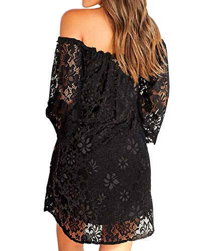ZANZEA Mujer Vestido de Playa Corto Sexy Sin Hombros Encajes Vestido Casual Mangas 3/4 Vestido de Fiesta Elegante 04-Negro S
