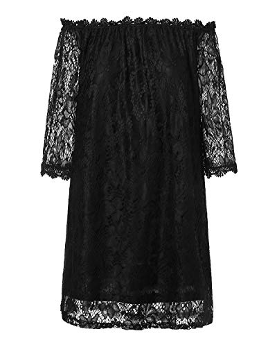 ZANZEA Mujer Vestido de Playa Corto Sexy Sin Hombros Encajes Vestido Casual Mangas 3/4 Vestido de Fiesta Elegante 04-Negro S