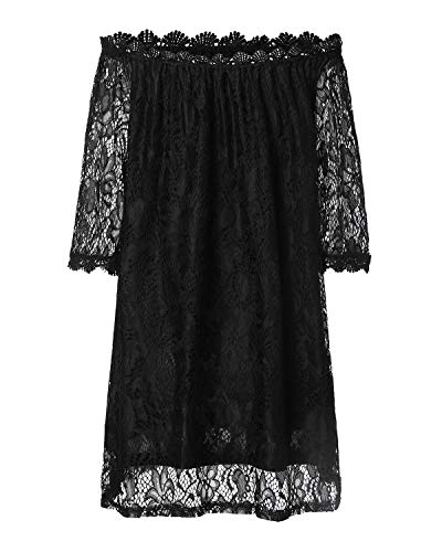 ZANZEA Mujer Vestido de Playa Corto Sexy Sin Hombros Encajes Vestido Casual Mangas 3/4 Vestido de Fiesta Elegante 04-Negro S