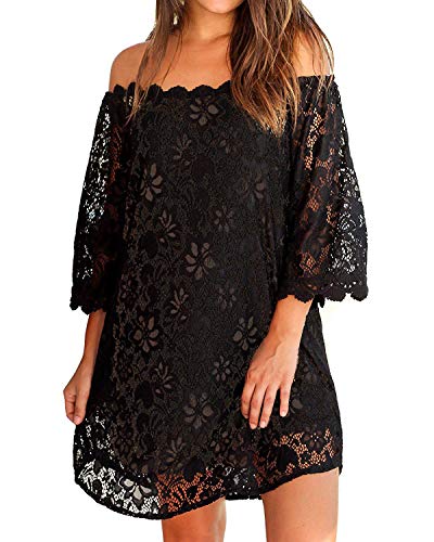 ZANZEA Mujer Vestido de Playa Corto Sexy Sin Hombros Encajes Vestido Casual Mangas 3/4 Vestido de Fiesta Elegante 04-Negro S