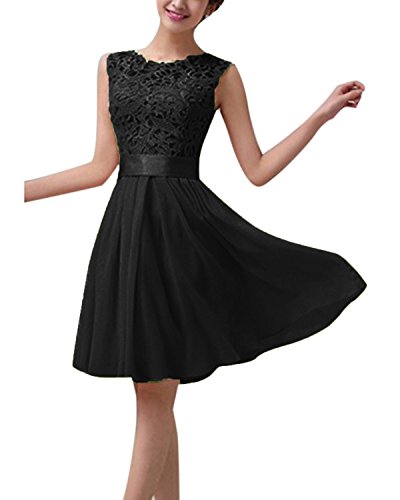 ZANZEA Mujer Vestido Encaje Gasa Verano Sin Manga Elegante Vestidos de Cóctel Fiesta Cuello Redondo 03-Negro XL