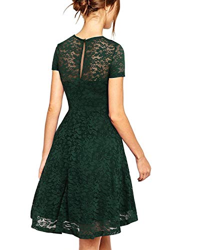 ZANZEA Mujer Vestidos de Fiesta Encaje Elegante Manga Corta Vestido Cóctel con Cuello Redondo 01-Verde Oscuro S