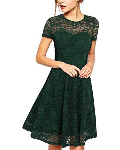ZANZEA Mujer Vestidos de Fiesta Encaje Elegante Manga Corta Vestido Cóctel con Cuello Redondo 01-Verde Oscuro S