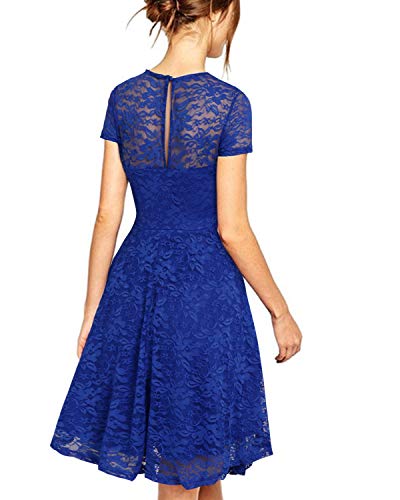 ZANZEA Mujer Vestidos de Fiesta Encaje Tallas Grandes Cuello Redondo Manga Corta Elegante Cóctel 01-Azul M