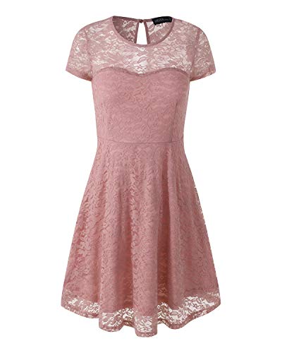 ZANZEA Mujer Vestidos de Fiesta Encaje Tallas Grandes Cuello Redondo Manga Corta Elegante Cóctel 01-Rosa S