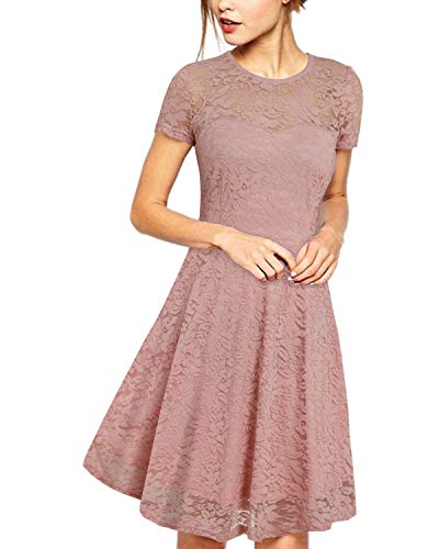 ZANZEA Mujer Vestidos de Fiesta Encaje Tallas Grandes Cuello Redondo Manga Corta Elegante Cóctel 01-Rosa S