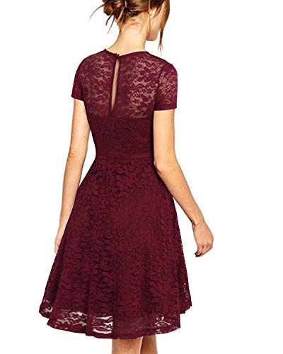 ZANZEA Mujer Vestidos de Fiesta Encaje Tallas Grandes Cuello Redondo Manga Corta Elegante Cóctel 01-Vino Tinto S