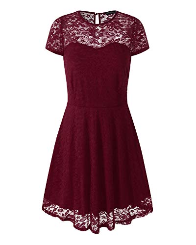 ZANZEA Mujer Vestidos de Fiesta Encaje Tallas Grandes Cuello Redondo Manga Corta Elegante Cóctel 01-Vino Tinto S
