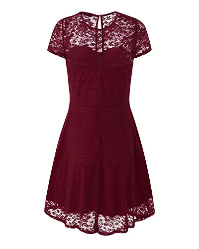 ZANZEA Mujer Vestidos de Fiesta Encaje Tallas Grandes Cuello Redondo Manga Corta Elegante Cóctel 01-Vino Tinto S