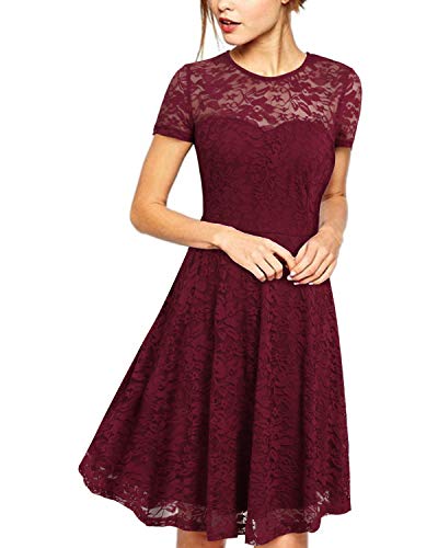 ZANZEA Mujer Vestidos de Fiesta Encaje Tallas Grandes Cuello Redondo Manga Corta Elegante Cóctel 01-Vino Tinto S