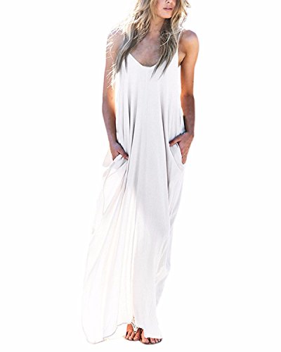ZANZEA Mujeres Cuello V Sin Mangas Casual Elegante Punto Vestido Suelto Largo Playa Verano Blanco EU 46