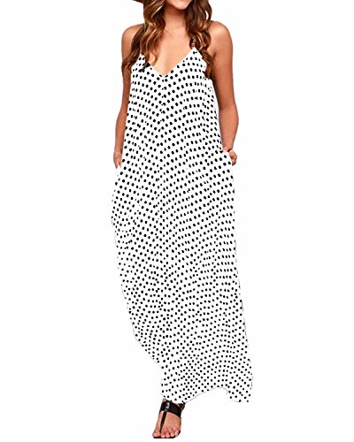 ZANZEA Mujeres Elegante Bohemio Algodón Casual Vestido Suelto Largo Playa Lunares Cuello V sin Mangas Blanco EU 52