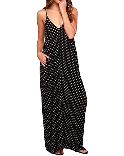 ZANZEA Mujeres Elegante Bohemio Algodón Casual Vestido Suelto Largo Playa Lunares Cuello V sin Mangas Negro EU 40