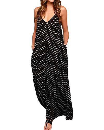 ZANZEA Mujeres Elegante Bohemio Algodón Casual Vestido Suelto Largo Playa Lunares Cuello V sin Mangas Negro EU 40
