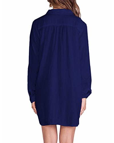 ZANZEA Mujeres Polsillo Escote V Mangas Largas Casual Elegante Chiffón Blusa Camiseta Azul EU 50