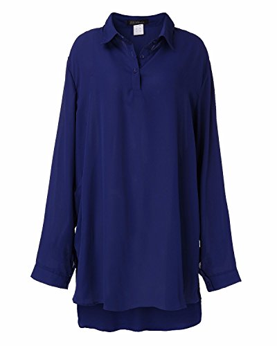 ZANZEA Mujeres Polsillo Escote V Mangas Largas Casual Elegante Chiffón Blusa Camiseta Azul EU 50