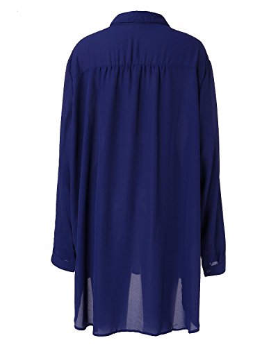 ZANZEA Mujeres Polsillo Escote V Mangas Largas Casual Elegante Chiffón Blusa Camiseta Azul EU 50